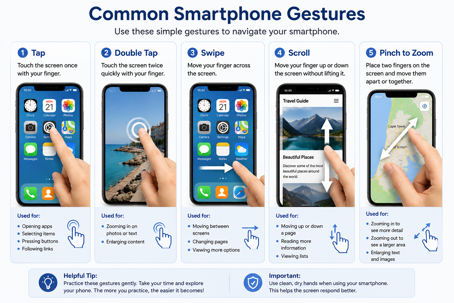 Examples of touchscreen gestures used on smartphones